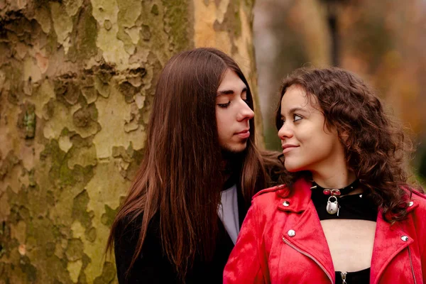 대안과 바위의 다인종 이성애 커플은 가을에 공원에서 사랑스러운 서로의 바라보는 — 스톡 사진