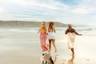 Bir sahil boyunca bir köpekle koşan üç genç kadın. Çok ırklı bir grup yaz gezisi boyunca arkadaşlığın ve birliğin tadını çıkarıyor..