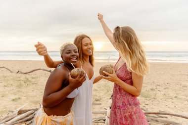 Mutlu bir arkadaş grubu yaz partisinde gün batımında sahilde içki içerken birbirlerine sarılıyorlar..