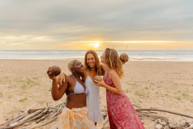 Sahilde gün batımında hindistancevizinin içinde içki içerken sarılıp gülen üç kadın arkadaştan oluşan çok ırklı bir grup. Yazın arkadaşlarıyla seyahat ediyor.