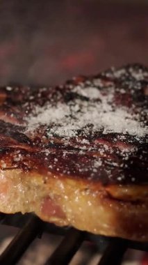 Kömür üzerinde cızırdayan lezzetli pirzola kömürü aromatik dumanı serbest bırakırken tuzlanmış et karamelizleri koyu kahverengi kabuklu.