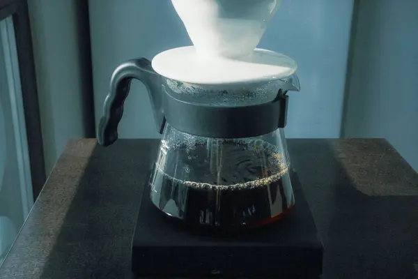 Dark Coffee Elixir Flows Dripper Glass Decanter — Stock Photo, Image