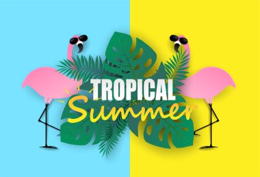 Tropik yaz tatili. Renkli pastellerde flamingo ve tropikal yapraklı tasarım. Kağıt sanatı. Şablon, afiş, afiş, poster ve broşür tasarımı. Vektör.