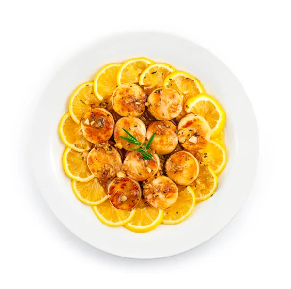 Scalloped Lemon Garlic Butter Sauce Grilled Pan European Food Dish — Stock Photo, Image