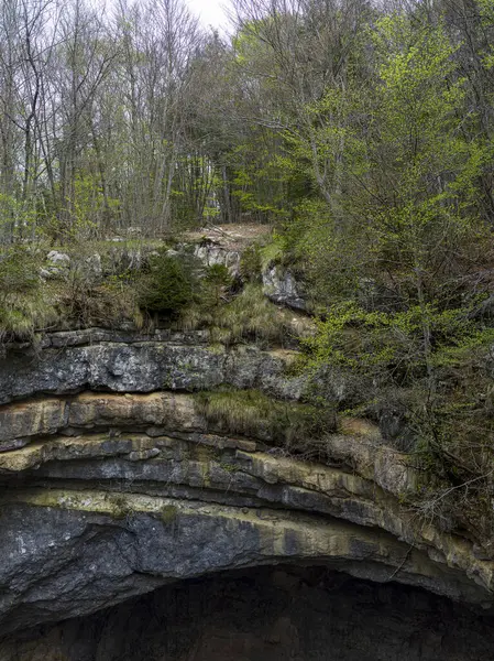 İtalya, Asiago 'daki bir tünelin kayalık girişinin üstündeki dağ ormanlarıyla manzara.