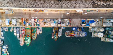 Panoramic Aerial View of Busy Port with Variety of Boats.High-angle, full shot of a bustling port. Beykoz Poyrazkoy Istanbul Turkiye Aerial View Drone Shot Advertising background photo for customs  clipart