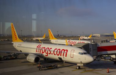 Gaziantep, Turkey - July 29, 2017 : Gaziantep international airport Pegasus planes view. Has commercial flights to domestic and regional international destinations.  clipart