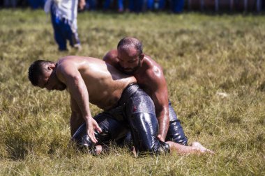 EDIRNE, TURKEY - 14 Temmuz 2018: Türkiye 'de Kırkpınar Türk Yağlı Güreş Festivali' nde orta sıklet güreşçileri zafer için mücadele ediyor. 