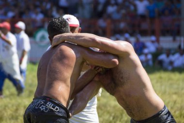 EDIRNE, TURKEY - 14 Temmuz 2018: Türkiye 'de Kırkpınar Türk Yağlı Güreş Festivali' nde orta sıklet güreşçileri zafer için mücadele ediyor. 