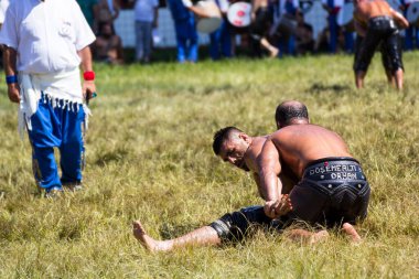 EDIRNE, TURKEY - 14 Temmuz 2018: Türkiye 'de Kırkpınar Türk Yağlı Güreş Festivali' nde orta sıklet güreşçileri zafer için mücadele ediyor. 