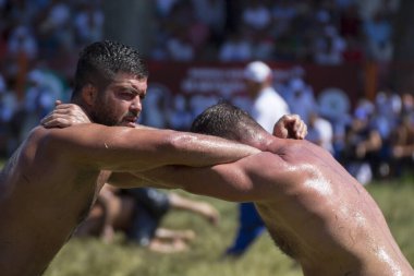 EDIRNE, TURKEY - 14 Temmuz 2018: Türkiye 'de Kırkpınar Türk Yağlı Güreş Festivali' nde orta sıklet güreşçileri zafer için mücadele ediyor. 