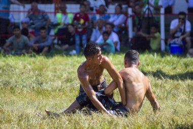 EDIRNE, TURKEY - 14 Temmuz 2018: Türkiye 'de Kırkpınar Türk Yağlı Güreş Festivali' nde orta sıklet güreşçileri zafer için mücadele ediyor. 