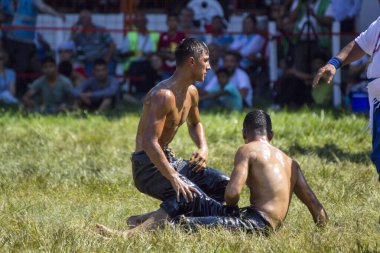 EDIRNE, TURKEY - 14 Temmuz 2018: Türkiye 'de Kırkpınar Türk Yağlı Güreş Festivali' nde orta sıklet güreşçileri zafer için mücadele ediyor. 