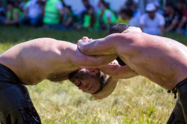 EDIRNE, TURKEY - 14 Temmuz 2018: Türkiye 'de Kırkpınar Türk Yağlı Güreş Festivali' nde orta sıklet güreşçileri zafer için mücadele ediyor. 