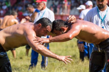 EDIRNE, TURKEY - 14 Temmuz 2018: Türkiye 'de Kırkpınar Türk Yağlı Güreş Festivali' nde orta sıklet güreşçileri zafer için mücadele ediyor. 