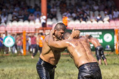 EDIRNE, TURKEY - 14 Temmuz 2018: Türkiye 'de Kırkpınar Türk Yağlı Güreş Festivali' nde orta sıklet güreşçileri zafer için mücadele ediyor. 