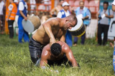 EDIRNE, TURKEY - 14 Temmuz 2018: Türkiye 'de Kırkpınar Türk Yağlı Güreş Festivali' nde orta sıklet güreşçileri zafer için mücadele ediyor. 