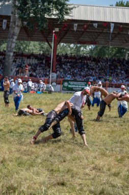 EDIRNE, TURKEY - 14 Temmuz 2018: Türkiye 'de Kırkpınar Türk Yağlı Güreş Festivali' nde orta sıklet güreşçileri zafer için mücadele ediyor