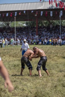 EDIRNE, TURKEY - 14 Temmuz 2018: Türkiye 'de Kırkpınar Türk Yağlı Güreş Festivali' nde orta sıklet güreşçileri zafer için mücadele ediyor