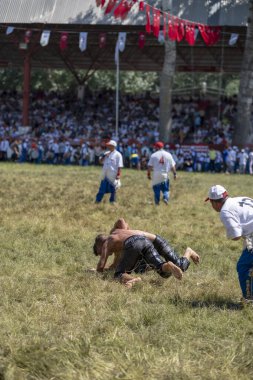 EDIRNE, TURKEY - 14 Temmuz 2018: Türkiye 'de Kırkpınar Türk Yağlı Güreş Festivali' nde orta sıklet güreşçileri zafer için mücadele ediyor