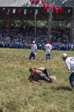 EDIRNE, TURKEY - 14 Temmuz 2018: Türkiye 'de Kırkpınar Türk Yağlı Güreş Festivali' nde orta sıklet güreşçileri zafer için mücadele ediyor