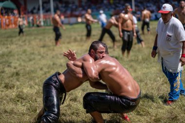 EDIRNE, TURKEY - 14 Temmuz 2018: Türkiye 'de Kırkpınar Türk Yağlı Güreş Festivali' nde orta sıklet güreşçileri zafer için mücadele ediyor