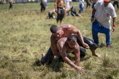 EDIRNE, TURKEY - 14 Temmuz 2018: Türkiye 'de Kırkpınar Türk Yağlı Güreş Festivali' nde orta sıklet güreşçileri zafer için mücadele ediyor