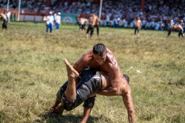 EDIRNE, TURKEY - 14 Temmuz 2018: Türkiye 'de Kırkpınar Türk Yağlı Güreş Festivali' nde orta sıklet güreşçileri zafer için mücadele ediyor