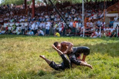 EDIRNE, TURKEY - 14 Temmuz 2018: Türkiye 'de Kırkpınar Türk Yağlı Güreş Festivali' nde orta sıklet güreşçileri zafer için mücadele ediyor