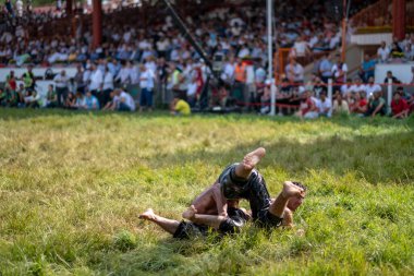 EDIRNE, TURKEY - 14 Temmuz 2018: Türkiye 'de Kırkpınar Türk Yağlı Güreş Festivali' nde orta sıklet güreşçileri zafer için mücadele ediyor