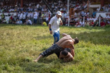 EDIRNE, TURKEY - 14 Temmuz 2018: Türkiye 'de Kırkpınar Türk Yağlı Güreş Festivali' nde orta sıklet güreşçileri zafer için mücadele ediyor