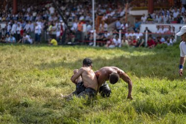 EDIRNE, TURKEY - 14 Temmuz 2018: Türkiye 'de Kırkpınar Türk Yağlı Güreş Festivali' nde orta sıklet güreşçileri zafer için mücadele ediyor
