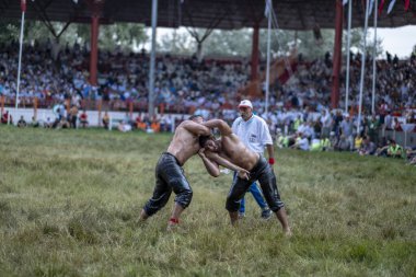 EDIRNE, TURKEY - 14 Temmuz 2018: Türkiye 'de Kırkpınar Türk Yağlı Güreş Festivali' nde orta sıklet güreşçileri zafer için mücadele ediyor