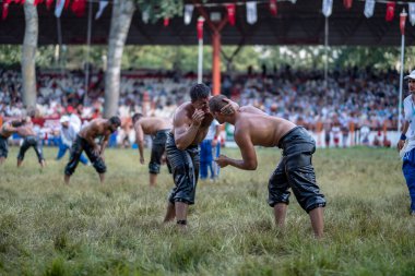 EDIRNE, TURKEY - 14 Temmuz 2018: Türkiye 'de Kırkpınar Türk Yağlı Güreş Festivali' nde orta sıklet güreşçileri zafer için mücadele ediyor