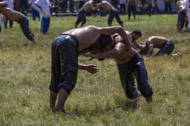 EDIRNE, TURKEY - 14 Temmuz 2018: Türkiye 'de düzenlenen Kırkpınar Türk Yağlı Güreş Festivali' nde orta sıklet güreşçiler zafer için mücadele ediyor. Güreşçi Türkçe demek Pehlivan veya Guresci demek.