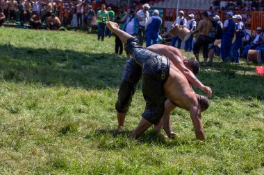 EDIRNE, TURKEY - 14 Temmuz 2018: Türkiye 'de düzenlenen Kırkpınar Türk Yağlı Güreş Festivali' nde orta sıklet güreşçiler zafer için mücadele ediyor. Güreşçi Türkçe demek Pehlivan veya Guresci demek.