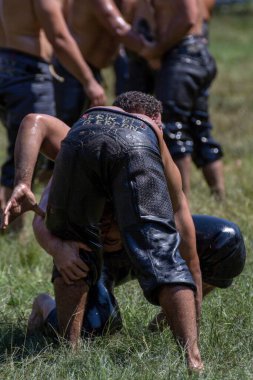 EDIRNE, TURKEY - 14 Temmuz 2018: Türkiye 'de düzenlenen Kırkpınar Türk Yağlı Güreş Festivali' nde orta sıklet güreşçiler zafer için mücadele ediyor