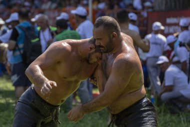 EDIRNE, TURKEY - 14 Temmuz 2018: Türkiye 'de düzenlenen Kırkpınar Türk Yağlı Güreş Festivali' nde orta sıklet güreşçiler zafer için mücadele ediyor