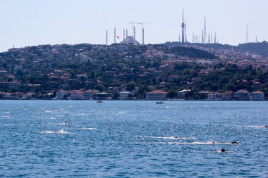 İSTANBUL, TURKEY - 23 Temmuz 2017: İstanbul 'daki Boğaz' da kıtalararası yüzme yarışı sırasında çok sayıda insan yüzüyor