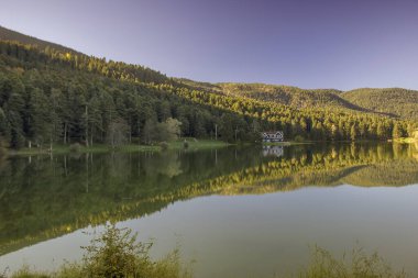 Yağmurlu bir günde, sisli bir havada dağların ve yeşil ormanın yansımaları. Karadeniz, Trabzon, Türkiye 'nin ünlü turizm merkezlerinden biri.