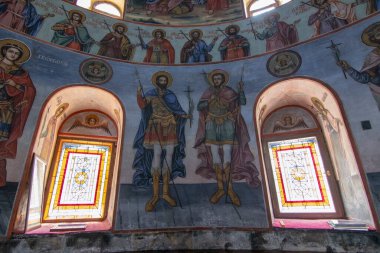 Bachkovo Manastırı Plovdiv, Bulgaristan - 4 Haziran 2019: Bachkovo Manastırı freskleri, Bizans Ortodoks Manastırı 'nın resimleri, İsa' nın dinine ait pek çok renkli figür var..