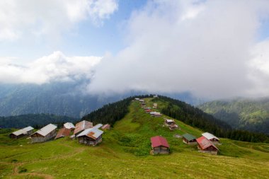 Pokut Platosu Rize Camlihemsin Türkiye. Güzel manzara sisli ve bulutlu. Karadeniz 'den Kackar Dağları.