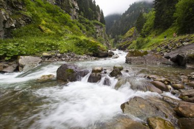 Stones in a stream with water blurred by long exposure