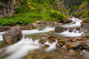 Stones in a stream with water blurred by long exposure