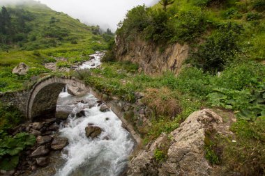 Türkiye'nin Karadeniz bölgesinde sisin altında nehir üzerinde eski tarihi taş köprü. Senyuva'da tarihi Osmanlı köprüsü Taşköprü, Ermenice Cinciva, Rize'de Çamlıhemşin yakınlarındaki Firtina nehri üzerinde 