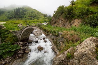 Türkiye'nin Karadeniz bölgesinde sisin altında nehir üzerinde eski tarihi taş köprü. Senyuva'da tarihi Osmanlı köprüsü Taşköprü, Ermenice Cinciva, Rize'de Çamlıhemşin yakınlarındaki Firtina nehri üzerinde 