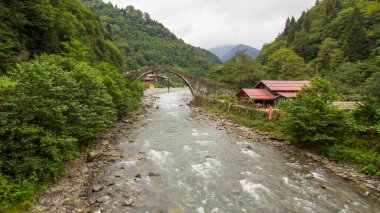 RIZE, TURKEY - 7 AUG 2018: Senyuva 'daki tarihi Osmanlı köprüsü Taskopru, Ermenistan' daki Cinciva, Türkiye 'nin doğusundaki Kamlihemsin yakınlarındaki Firtina nehri üzerindeki