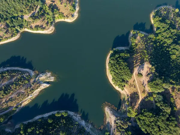Bereketli yeşil ormanlar ve berrak mavi suyla Merli Barajı 'nın havadan yakın görüntüsü, doğal dokuları, gölgeleri ve manzaranın sakin güzelliğini vurguluyor..
