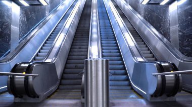 Metro istasyonunda yürüyen merdiven. Metrodaki otomatik merdiveni boşalt. Yüksek kalite fotoğraf