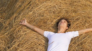 Genç erkek turist samanlıkta dinleniyor. Yüksek kalite fotoğraf